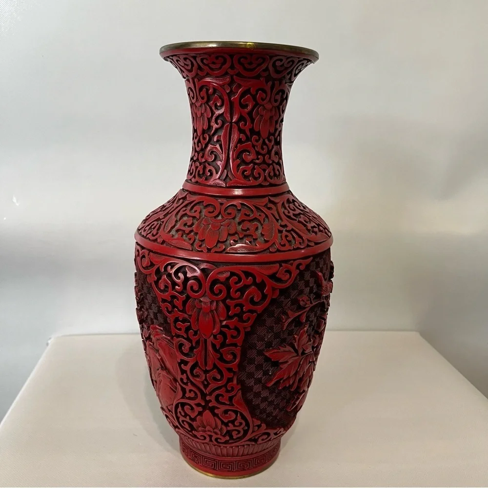 Vintage Red Cinnabar Vase Brass
